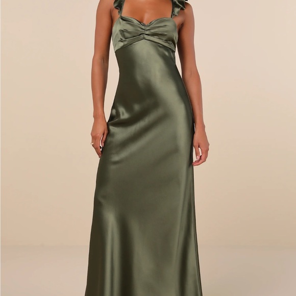 Lulus Dresses & Skirts - Lulu's Olive Satin Maxi Dress with Ruffle Straps